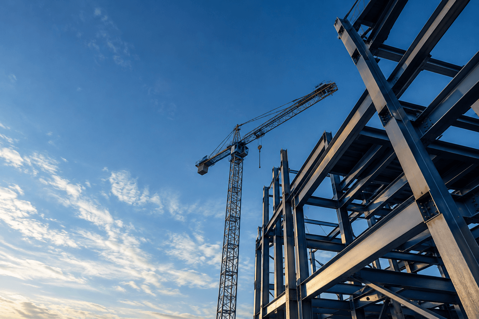 Steel building frame and tower crane against a blue sky