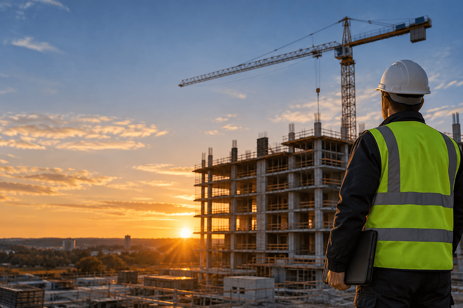 Site supervisor in a hard hat and hi-vis vest looking over a building under construction at sunset
